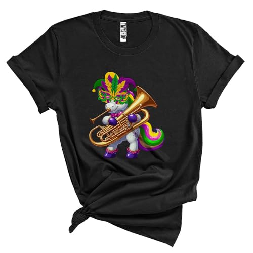 Cute Unicorn Playing Bassoon, Adorable Mardi Gras Masked Unicorn Lover, Bassoon Team Player Unisex T-Shirt Black