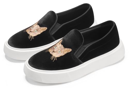 Image of Journey West Women's Fashion Velvet Sneakers with Embroidery Comfortable Slip-On Work Shoes for Women