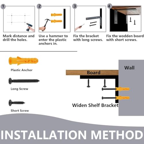 Mooche Schwarze Regalhalterungen, 4 Stück, Breite L-Förmige Wandhalterungen für Regale, Edelstahl, 90 °, Rechtwinklig, Regalträger für Holz