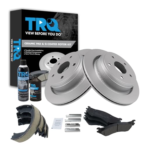Image of TRQ Rear Brake Pad & Rotor Kit, with Chemical Kit Parking Brake Shoe Set Ceramic Premium G-Coated Compatible with 2004-2006 Dodge Ram 1500