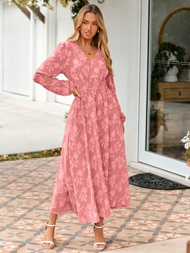 Image of Simplee Womens Boho Floral Long Sleeve Maxi Dress V Neck Empire Waist Fall Wedding Guest Dresses with Pockets