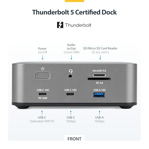 StarTech Thunderbolt 5 Dock, Dual 8K 60Hz, Triple 4K for Windows, Up to Dual 6K 60Hz for Mac - TB5 & USB4 Docking Station with 120Gbps max Transfer, 140W PD, 30W Phone, USB 10Gbps - Image 3