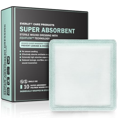 EVERLIT CARE EquiFlow Super Absorbent Dressing for Heavily Exuding Wound | Fast-Absorbing Non-Adhesive Polymer Dressing with Nonstick Gauze Pad | High Absorption & Retention | Pack of 10 (4 x 4)