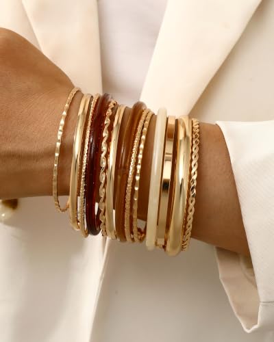 Image of IF ME Gold Bangle Bracelets for Women, Indian Bangles Stackable Set, Multi Layer Textured 18K Gold Plated Chunky Bracelets Boho Jewelrys Set