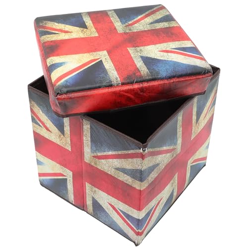 HYTROVE Taburete de Almacenamiento Plegable para Hogar, Otomana Diseño de Bandera Británica, Caja de Almacenamiento Vintage, Asiento Compacto para Sala de Estar y Dormitorio