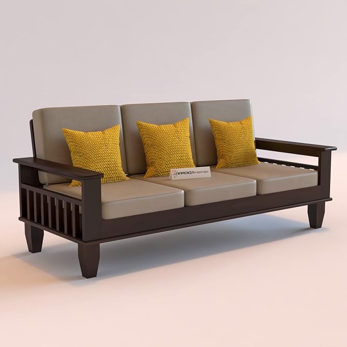 Image of Sheesham Wooden 3 Seater Sofa for Living Room | Rosewood 3 Seater Cushion Sofa with Side Newspaper Holder for Home & Office | Solid Wood Sofa Set for Lounge (Walnut)