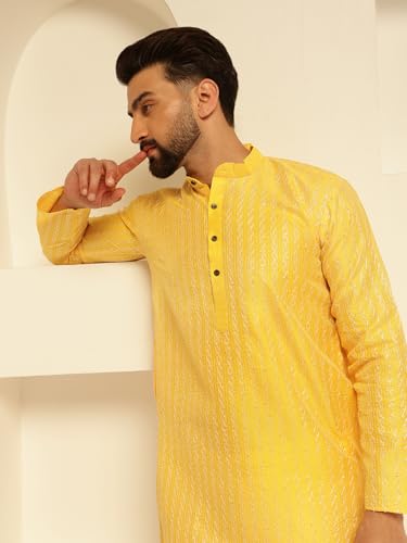 Image of SOJANYA (Since 1958 Men's Silk Blend Contrast White Thread Detailing Kurta With White Pyjama