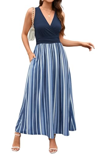 OUGES Sommerkleid Damen Ärmellos V-Ausschnitt Kleider Casual Boho Kleid Maxikleid mit Taschen (Floral03-3142, L)