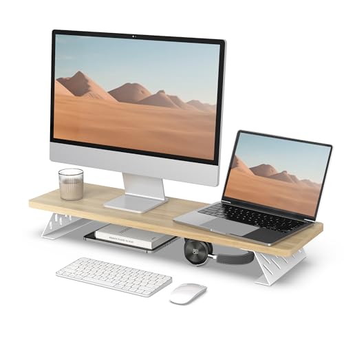 Fenge Dual Monitorständer mit Modernen Metallfüßen Multifunktionaler Bildschirmständer für Computer/PC/Laptop/TV 80x23,5x10cm Tragfähigkeit 25KG Eiche