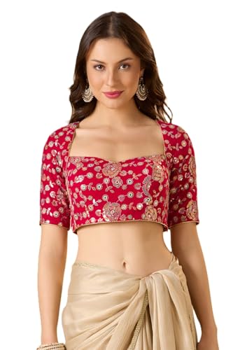 Image of SALWAR STUDIO Georgette Sweetheart Neck Readymade Blouse with Embellishment