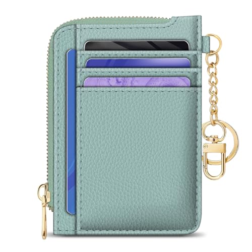 Image of GIANCOMICS Slim Wallet Credit Card Holder Women, Light Green Rfid Blocking Small Card Case, Keychain Thin Pocket Curved Zipper Wallet, Travel Card Holder PU Leather ID Window, Ladies Female Gifts