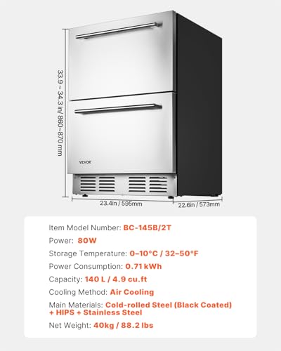 VEVOR Under Counter Drawer Refrigerator, 24 In Stainless Steel Fridge with Temperature Control, Dual Drawer Refrigerator with Powerful Compressor & LED Display, for Home, Office, and Commercial Use on Fridge.com