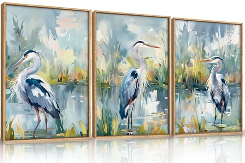 HLNIUC Great Blue Heron Wall Art Set of 3, Watercolor Coastal Bird Wall Decor(16x24), Wildlife Animal Illustrations Canvas Painting, Modern Boho Nature Avian Art Prints for Living Room,Bedroom, Office