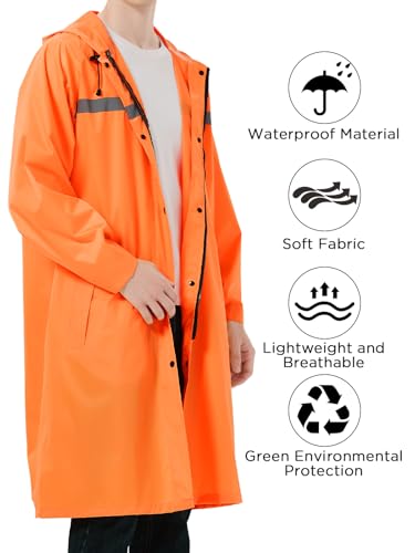 Image of Mens Long Safety Rain Coats with Air Vents Reflective Stripes Waterproof Packable Rain Jacket with Hood Lightweight
