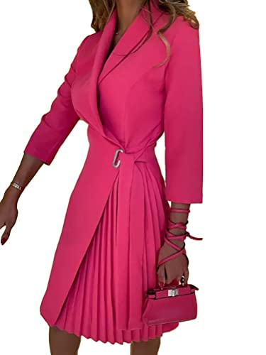 Shownicer Robe de Cocktail Femme Col V Manche Mi-Longue Vintage Plissée Avec Ceinture Chic et Élégante A-Line Soirée Mariage Rose L
