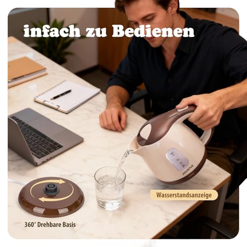 Aigostar Elektrischer Wasserkocher Klein, Kompakt & Leicht, Braun – Ansicht 4