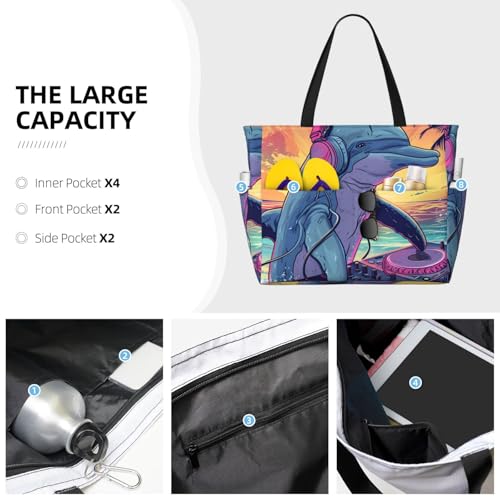 Hip-Hop Dj Dolphin Print Beach Pool Bags Tote For Women Ladies Large Gym Tote Carry On Bag For Weekender Travel Waterproof3