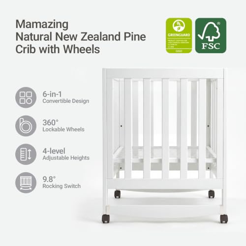 Image of MAMAZING EvoNest 6-in-1 Convertible Baby Mini Crib with Wheels | GREENGUARD Gold Certified, New Zealand Pine Wood, 4 Adjustable Heights, Rocking Mode, Small Spaces Design, White