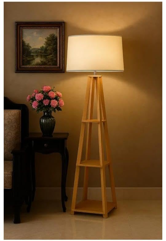 Image of Floor Lamp with Wooden Shelf, Tripod Stand, Linen Shade, Living Room Standing Light