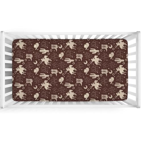 Image of Vintage Western Cowboy Baby Crib Sheets 52''x28'' Cowboy Horse Boots Hat Cactus Moon Snug Fitted Crib Mattress Cover for Boy Girl Wild Plants Soft Baby Bed Sheet for Standard Crib Toddler Mattress