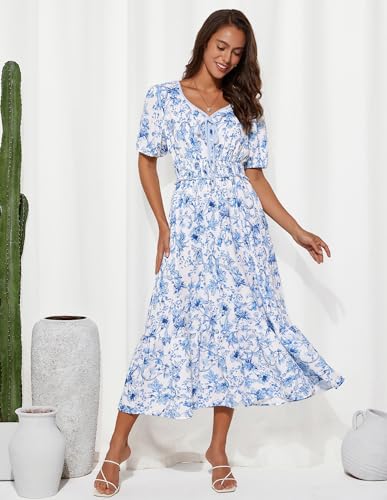 GRACE KARIN 2025 Women's Summer Floral Flowy A Line Midi Dresses Elegant Short Sleeve Smocked V-Neck Tiered Dresses2