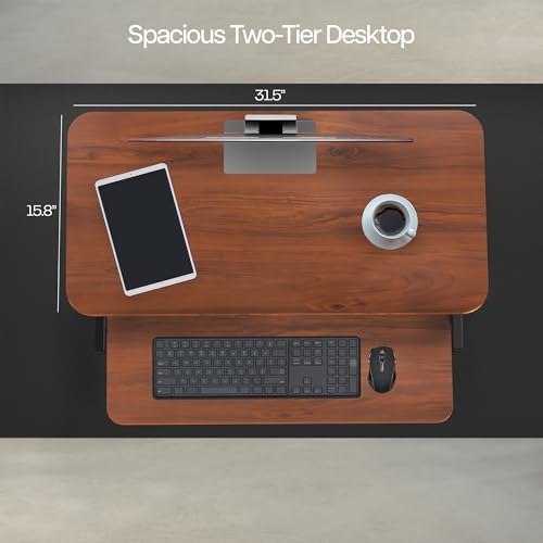 Image of VIVO Dark Walnut 32 inch Standing Desk Riser, DESK-V000SD | Height Adjustable, Stand Up Desk Converter, Quick Sit to Stand, Tabletop Dual Monitor Riser Workstation, Minimal Assembly