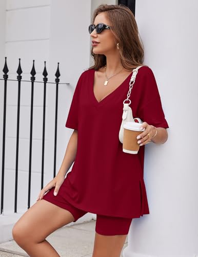 Image of Ekouaer Womens Pajamas 2 Piece Lounge Sets Oversized V Neck T-Shirts Tops Biker Shorts Set Workout Reversible Tracksuit S-XXL
