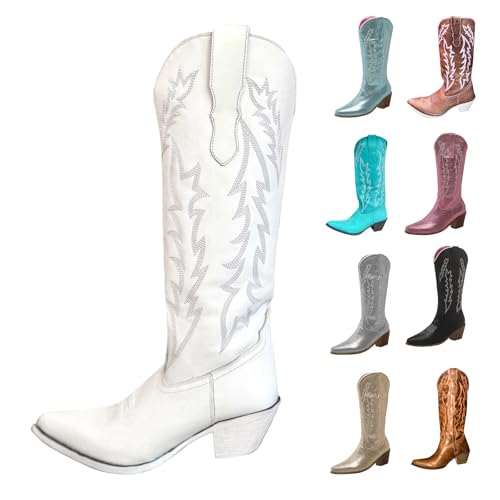 MJGkhiy Botas de Mujer Texanas Altas Western Botines Con Tacón de Bloqueo Ante Bota De Punta De Invierno Cuero Boots Marrones Cowboy Botas Camperos Botín Cómodos, Color blanco., 44 EU