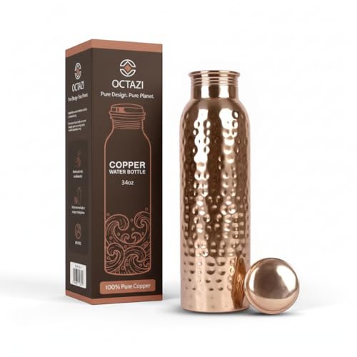 OCTAZI Pure Copper Water Bottle 1 L – 100% Unlined Ayurvedic Tamra Bottle for...
