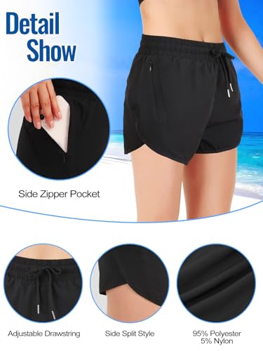 Badeshorts Damen mit Taschen Badehose Damen High Waist Schnell Trocknende Schwimmhose 2 in 1 Shorts mit Liner – Bild 4