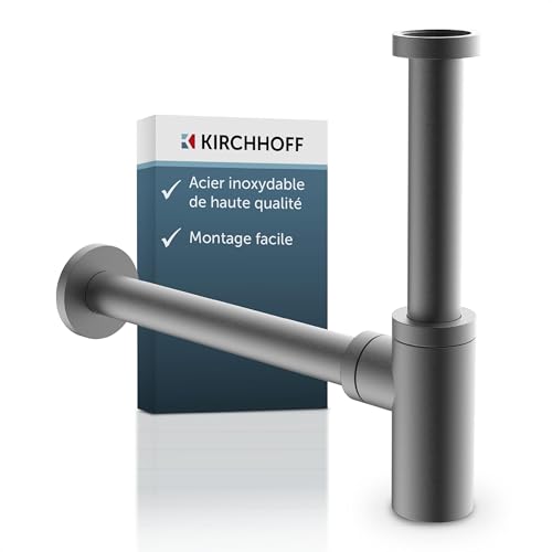 KIRCHHOFF Siphon design, bonde en graphite mat pour lavabo et lavabo, siphon anti-odeurs avec ouverture de nettoyage, siphon de bouteille, tuyau d'évacuation,...