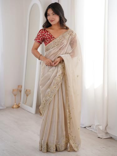 Image of AKHILAM Women's Shimmer Off White Georgette Sequence Embroidery Saree With Unstitched Blouse Piece