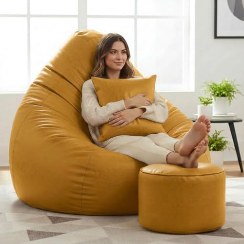 Image of KAM'S LIEU 6XL Jumbo Premium Bean Bag Chair with Footrest & Cushion | Filled with High Density EPS Beans | Comfortable Sofa for Living Room & Bedroom | 6 Months Warranty, Color- (YELLOW, 6XL, Premium)