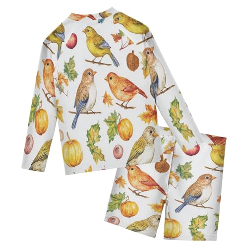 Autumn Bird Pumpkin Boys Swimsuit Rash Guard Toddler Kids Long Sleeve Swim Shirt and Trunks Swimwear Set 3-10Y2