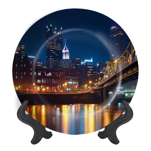 Decorative Plates for Display Pittsburgh Skyline Night Gift Plates Ceramic Collections Plates Hanging Artwork for Living Dining Room Kitchen Souvenir