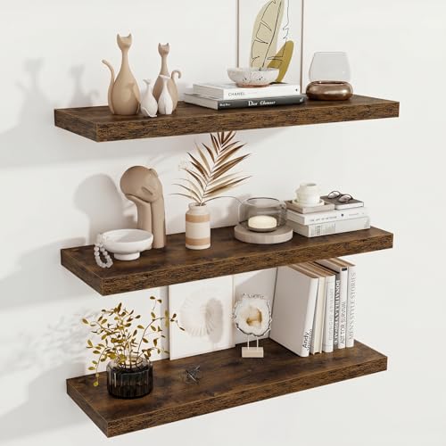 Image of Fun Memories Deep Floating Shelves, 36 inch W x 12 inch D Wood Floating Shelves for Wall, 3 Pack Extra Deeper & Thicker Wall Mounted Storage Shelf for Living Room Laundry Room Kitchen Home Office, Brown