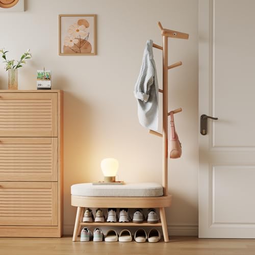 AQIMUELE Shoe Bench Entryway,Coat Rack with Shoe Storage, Coat Rack and Shoe Rack, Wooden Narrow Shoe Bench(Natural)