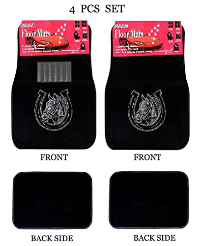 Universal Fit Front/Rear 4-Piece Full Set Crystal Bling Rhinestone Studded Carpet Car Suv Truck Floor Mats (Horse Shoe/Black) #TOP1