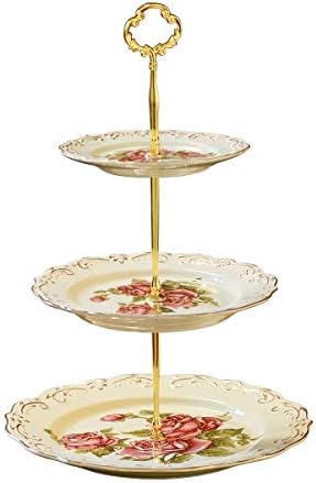 YOLIFE Porcelain 3 Tier Cake Stand, Afternoon Tea Service Ivory Cupcake Tray, Vintage Pink Rose Emboss Golden Leaves Edge Dessert Platters for Party Food Display
