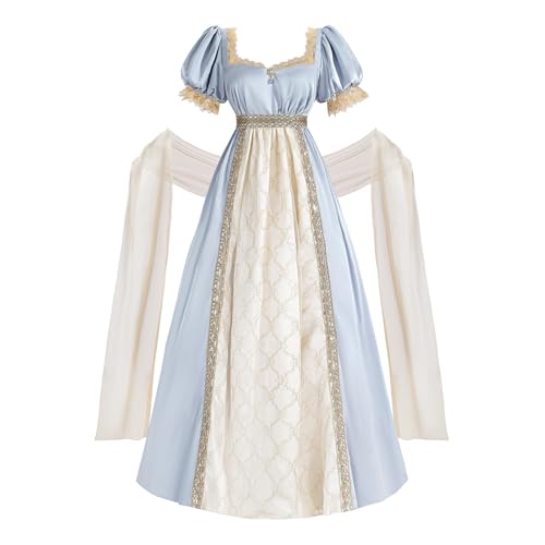 LTAKK Regency Dress Women Regency Costume Empire Waist Tea Party Dresses Victorian Gown with Shawl Blue Gold Medium