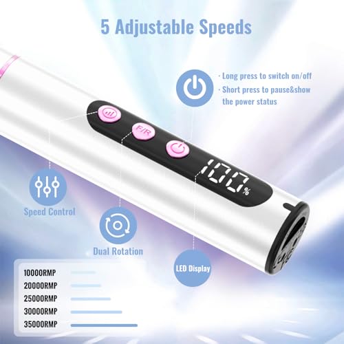 Denabuty Cordless Electric Nail Drill File: 35000RPM Professional Nail Drill Machine with UV LED Nail Lamp Charging Base, Manicure Pedicure Kit E File for Acrylic Gel Dip Powder Polish Silver — view 5