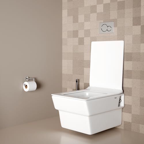 Image of Ruhe Alvo Wall-Hung Rimless Western Commode with Washdown Flushing System | P-Trap | 20.5 x 14.4 x 13.4 inches | Ceramic White Glossy Finish, Space-Saving Design | Includes Soft-Close Seat Cover