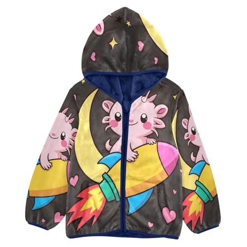 Cute Axolotl Riding Rocket Toddler Fleece Jacket Girl Boys Hooded Fleece Jacket Coat Warm Outwear Zip-up 3-10T