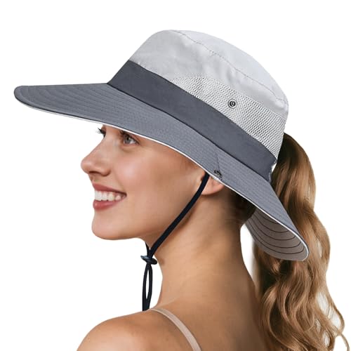 Image of NPQQUAN Ponytail Sun Hats for Women UPF 50+ Wide Visor UV Protection Packable Hat for Beach Hiking Gardening