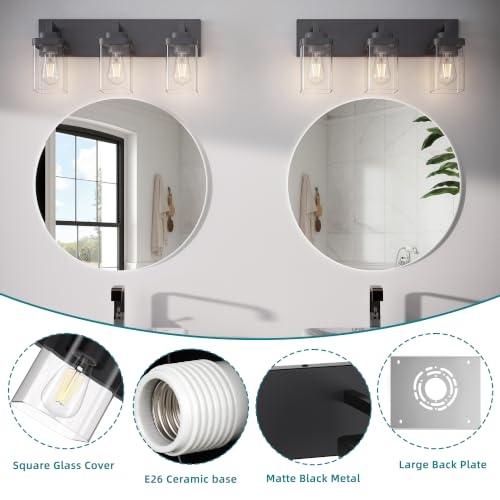 Image of Bathroom Vanity Light, 3 Lights Morden Bathroom Lighting Fixtures Over Mirror, Black Bathroom Light Fixtures for Bathroom