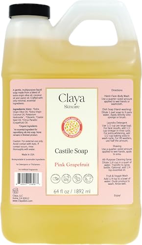 Claya Liquid Castile Soap - Organic Ingredients, Biodegradable, Gentle for Sensitive Skin and Versatile Use (64 fl oz, Pink Grapefruit)