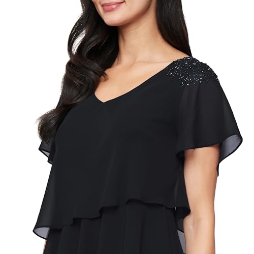 Image of S.L. Fashions Women's V-Neck Chiffon Cocktail Dress with Beaded Shoulders and Asymmetrical Tiers (Petite and Regular Sizes)