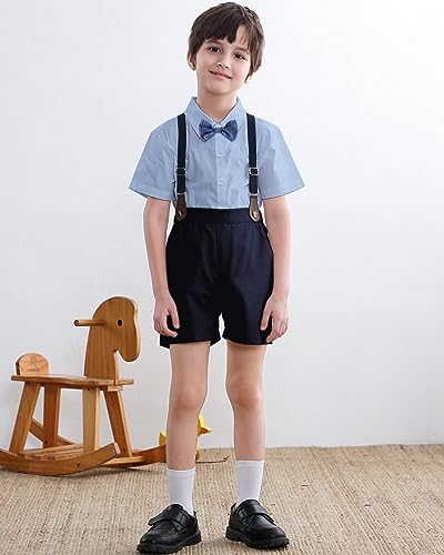 Image of SANGTREE Baby Shorts Dress Clothes Set, T-Shirt + Bowtie + Suspender Shorts Outfit, 3 Months - 14 Years
