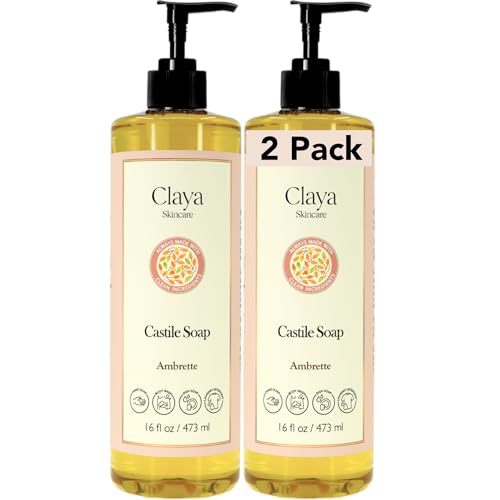 Image of Claya Ambrette Liquid Castile Soap - Organic Ingredients, Biodegradable, Gentle for Sensitive Skin and Versatile Use (2 Pack of 16 fl oz (Pump Cap))