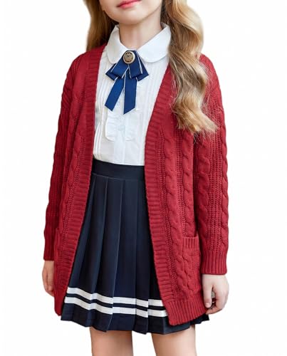 Image of Arshiner Girls Open Front Cardigan Long Sleeve Casual Kids Fall Clothes Solid Thick Chunky Sweater Coat with Pockets
